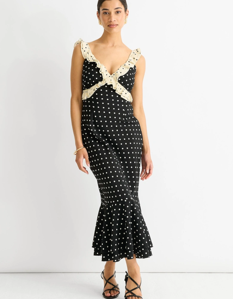 Black Polka Ruched Waist Smock Dress
