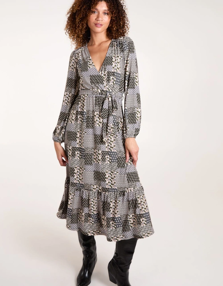 Geometric Wrap Front Belted Midi Dress