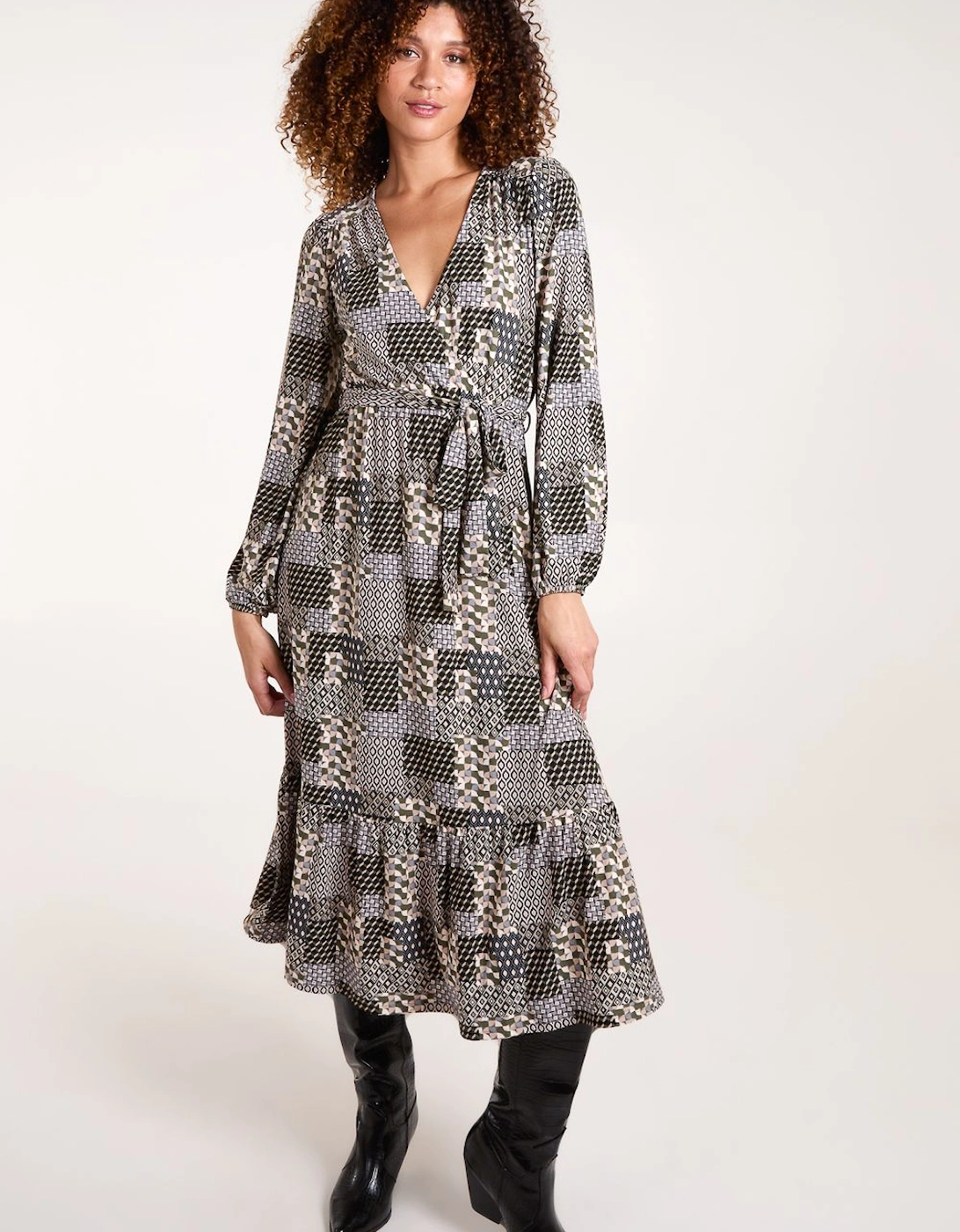 Geometric Wrap Front Belted Midi Dress, 2 of 1
