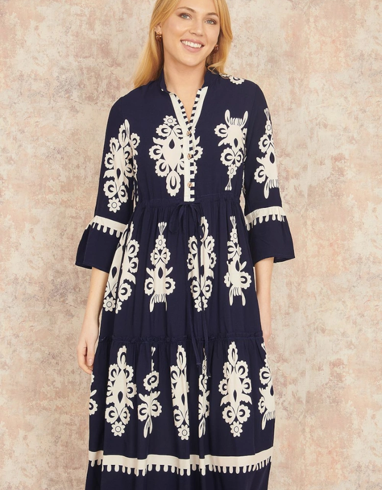 Navy Viscose Midi Dress With Long Sleeves