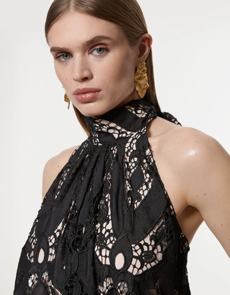Sheer Georgette Cutwork Woven Halter Top