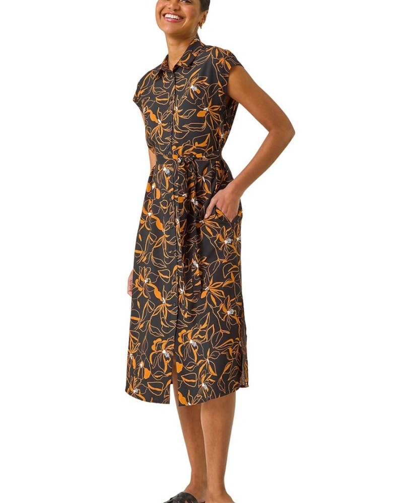 Floral Belted Midi Shirt Dress
