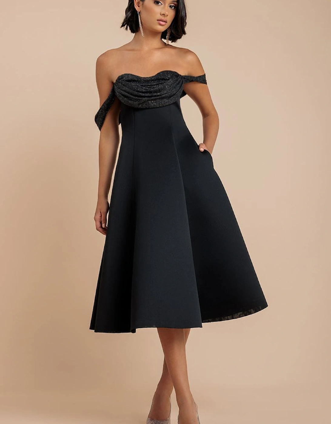 Sparkle Chiffon Cowl Bardot Skater Midi Dress, 2 of 1