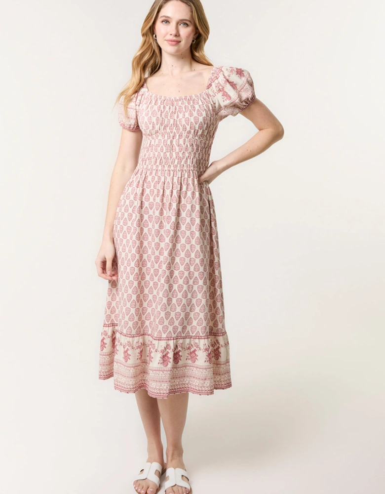 Pink Border Print Puff Sleeve Midi Dress