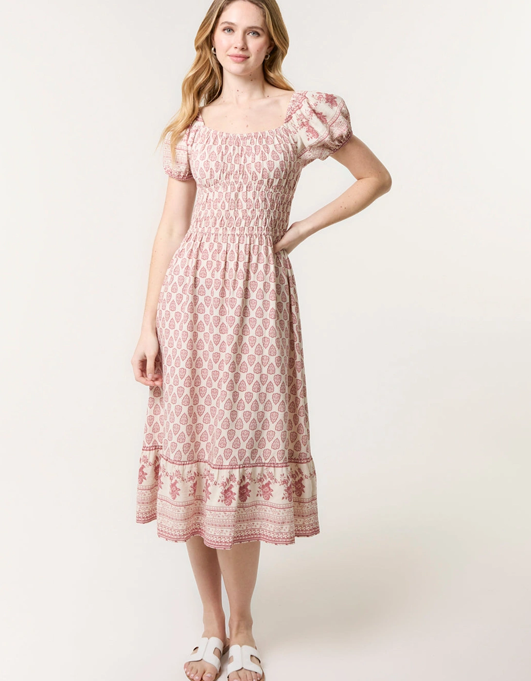 Pink Border Print Puff Sleeve Midi Dress, 2 of 1