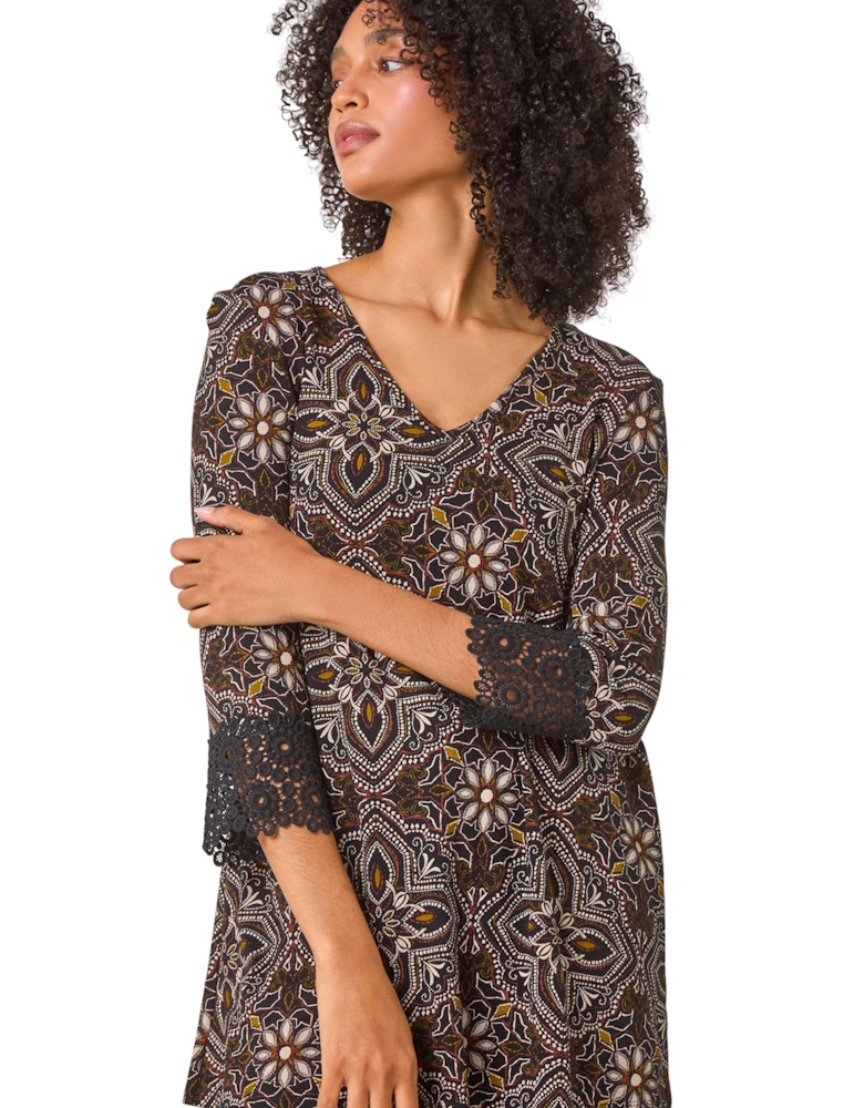 Abstract Print Lace Detail Tunic Top