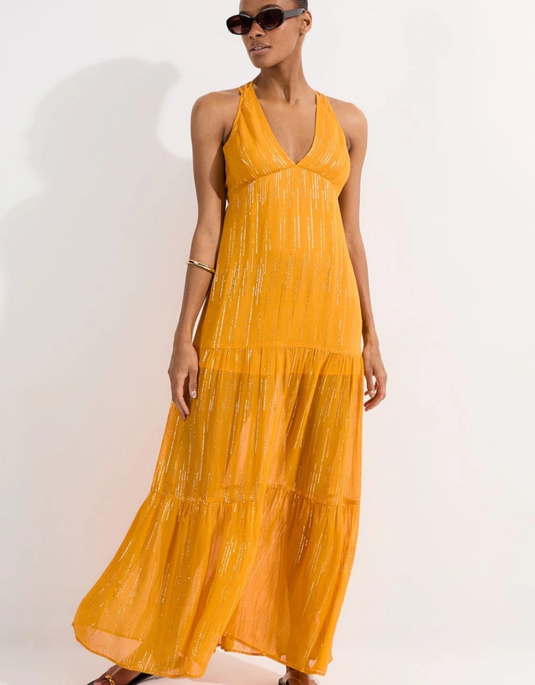 Strappy Metallic Viscose Georgette  Beach Dress