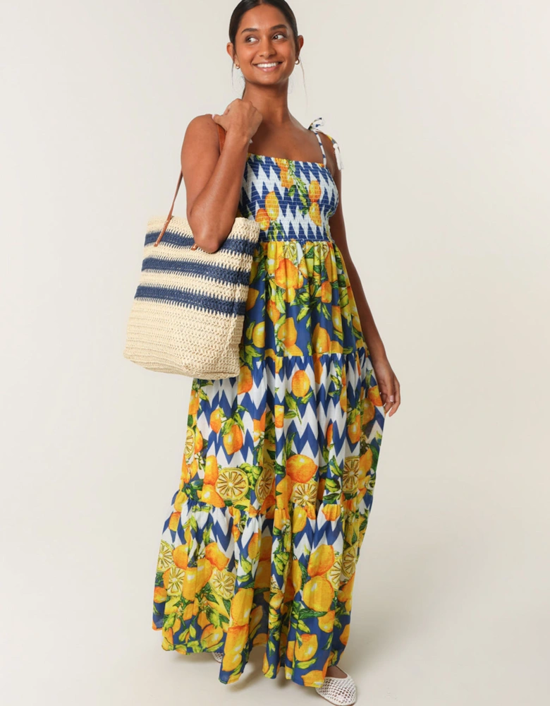 Multi Lemon Print Shirred Dress