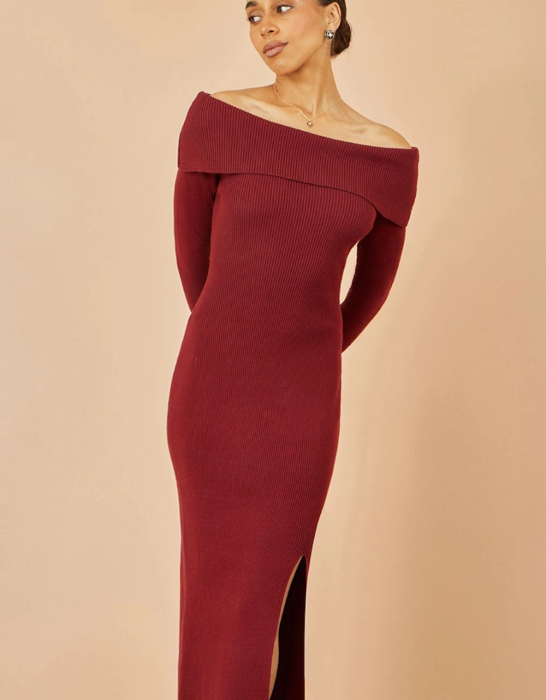 Burgundy Bardot Knitted Fitted Midi Dress