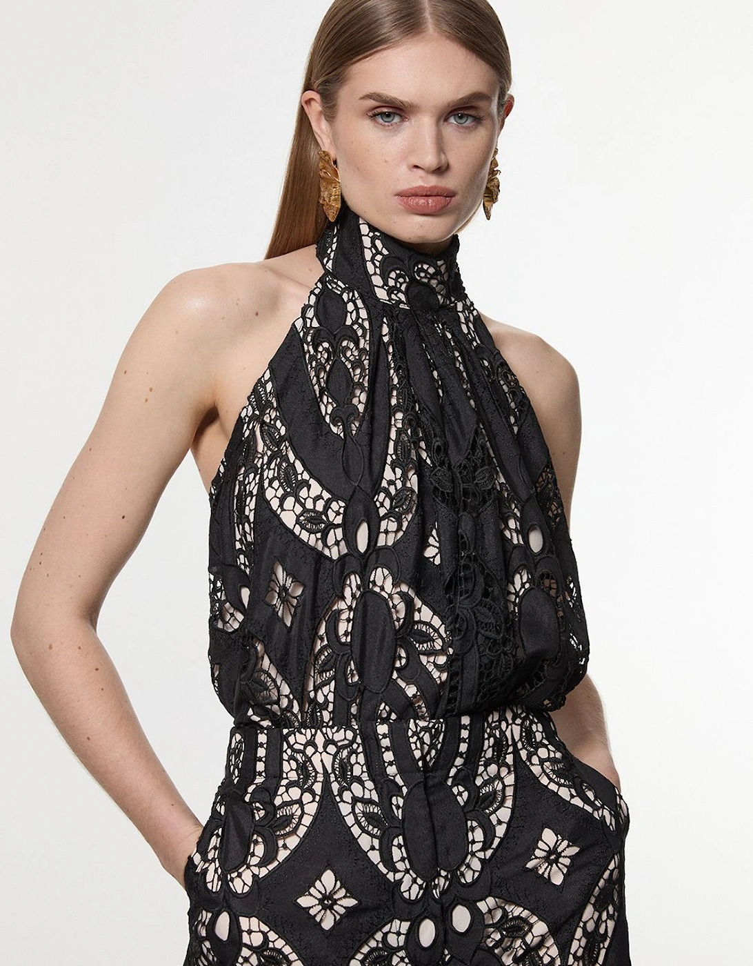 Tall Sheer Georgette Cutwork Woven Halter Top, 2 of 1
