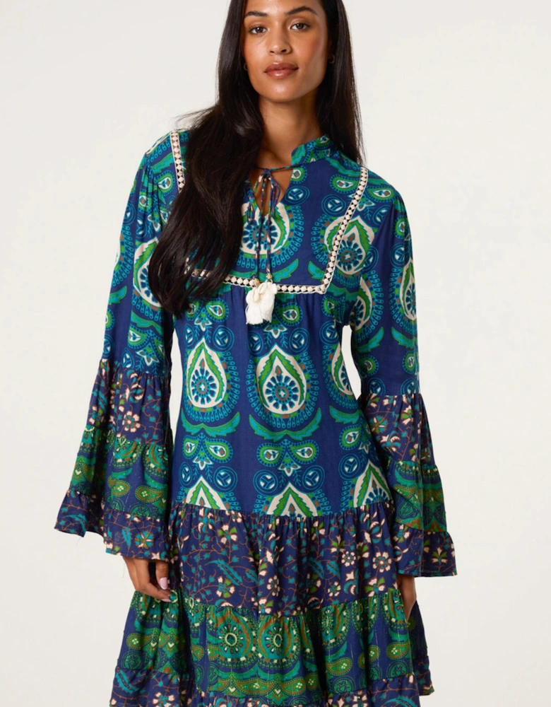 Teal Tiered Printed Long Sleeve Dress