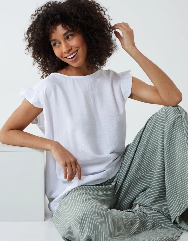 White Button Back Frill Shoulder Top