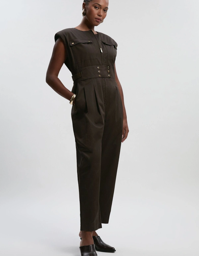 Plus Size Cotton & Faux Leather Tab Utility Jumpsuit
