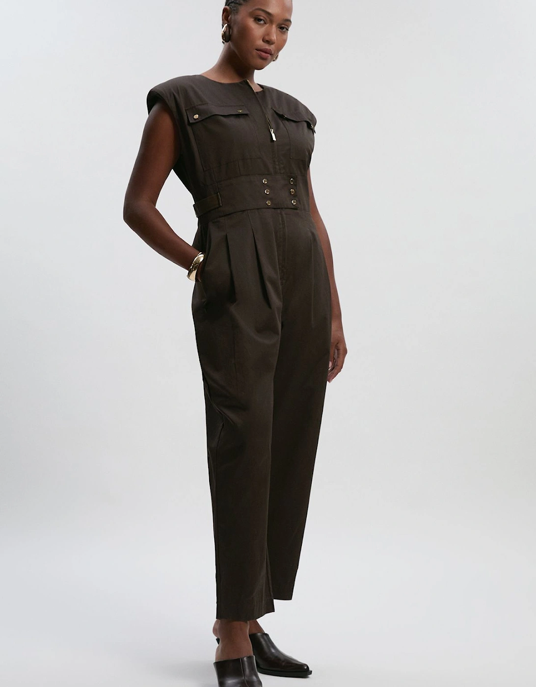 Plus Size Cotton & Faux Leather Tab Utility Jumpsuit, 2 of 1