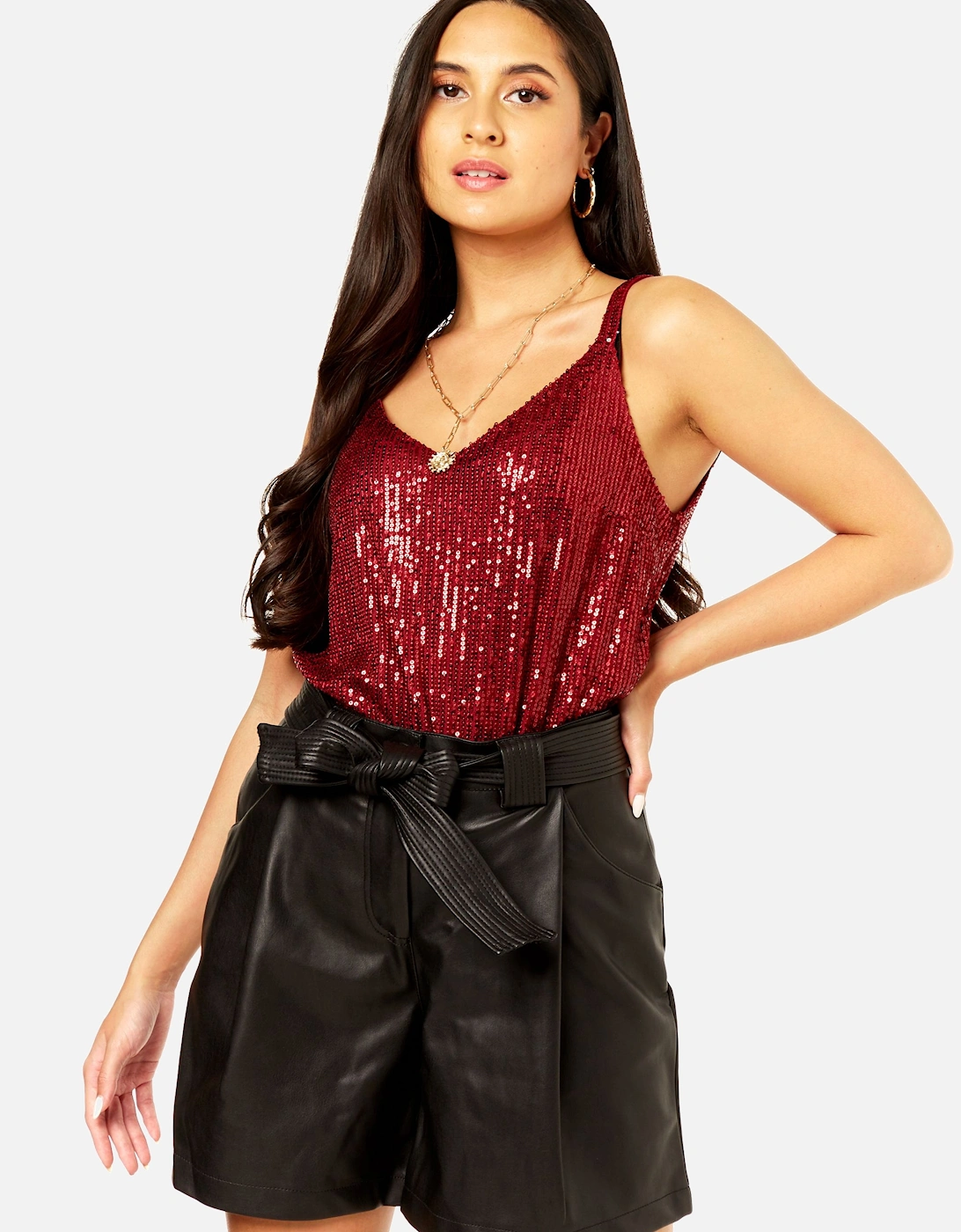 Burgundy Sequin V Neck Cami Top, 2 of 1