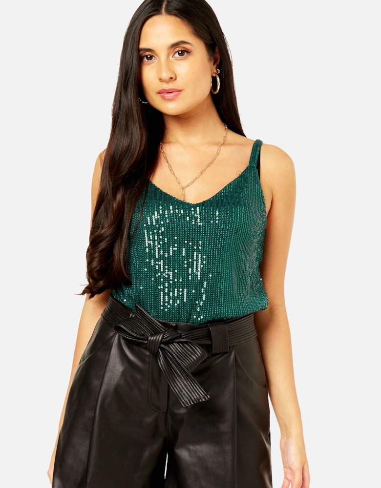 Green Sequin V Neck Cami Top