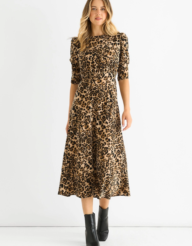 Brown Animal Print Satin Animal Shift Midi Dress