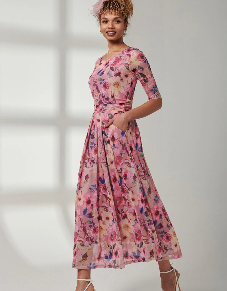 Bella Print 3/4 Sleeve Mesh Maxi Dress