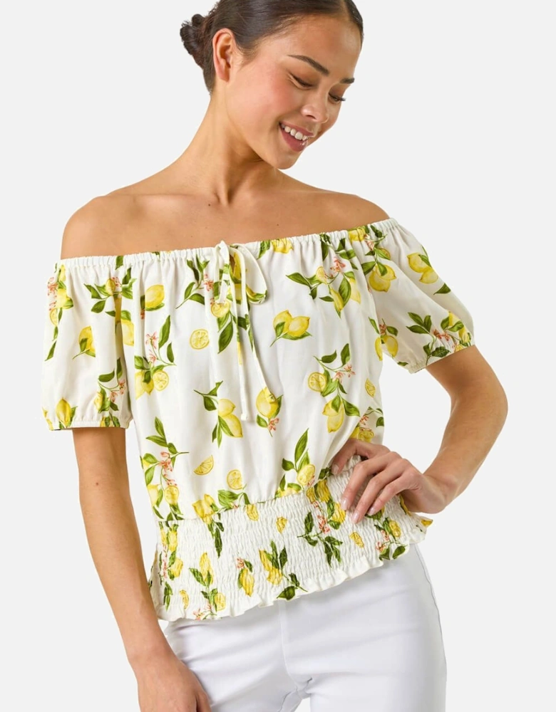 Petite Lemon Print Bardot Blouson Top