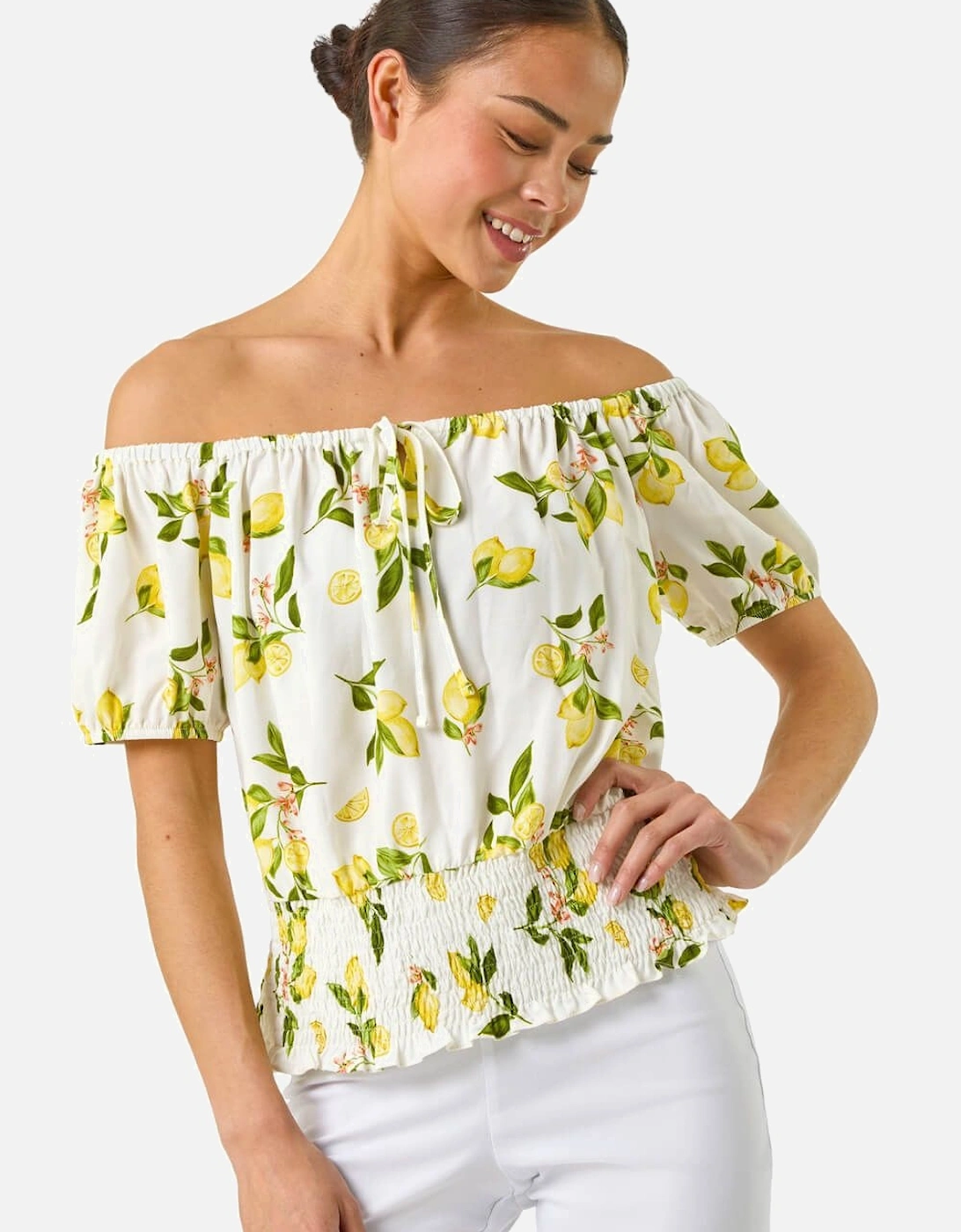 Petite Lemon Print Bardot Blouson Top, 2 of 1