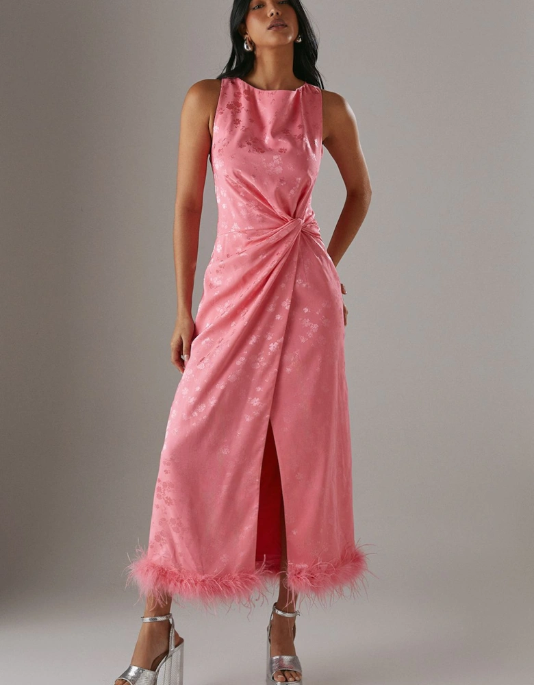 Satin Jacquard Feather Twist Front Cowl Back Midi Dress