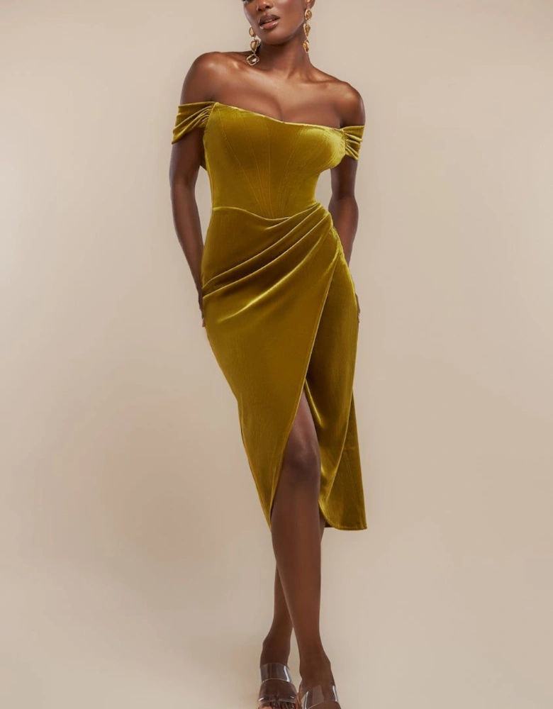 Draped Shoulder Velvet Corset Midi