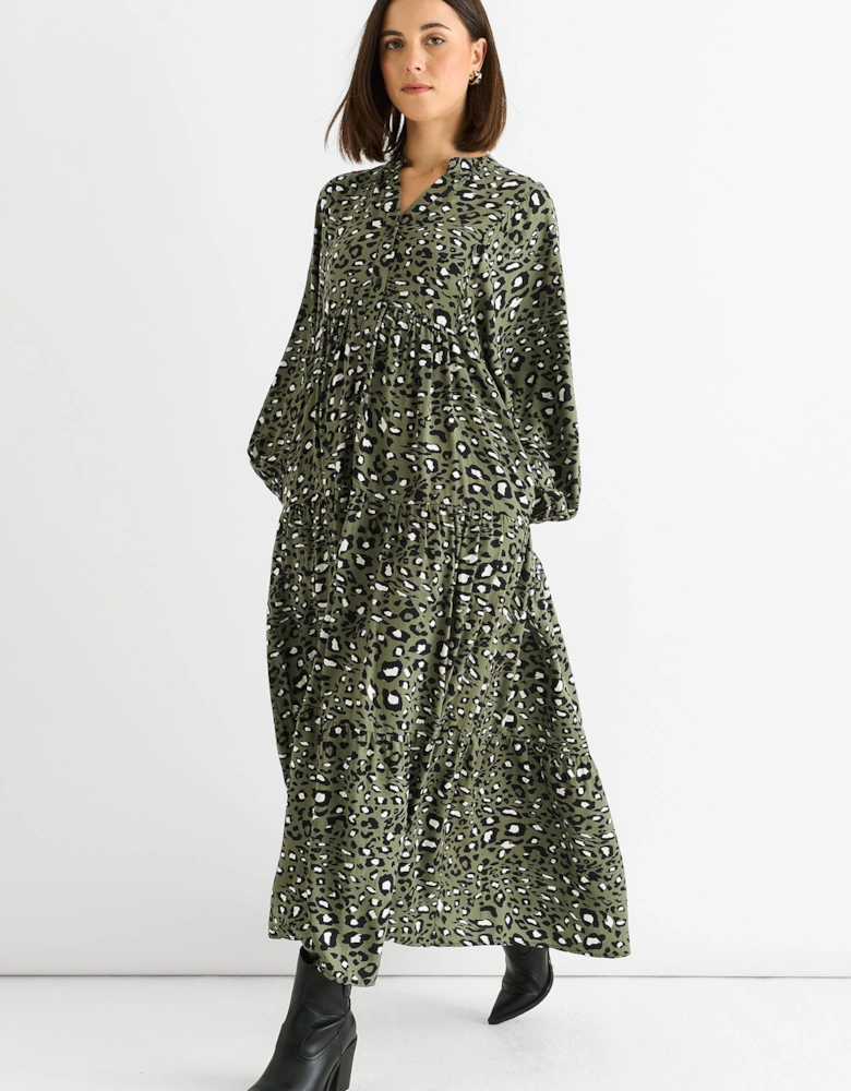 Khaki Viscose Animal Oversized Smock Maxi Dress