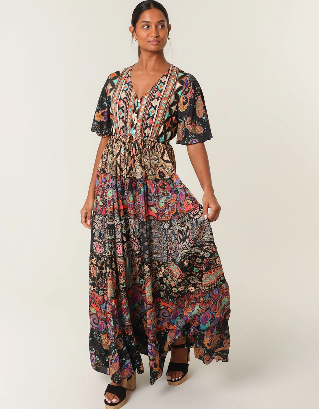 Black Angel Sleeve Button Front Maxi Dress, 2 of 1