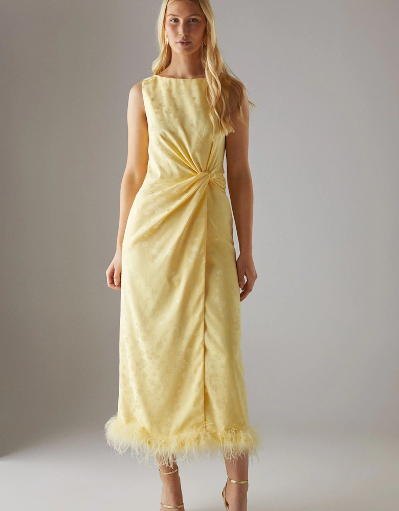 Satin Jacquard Feather Twist Front Cowl Back Midi Dress