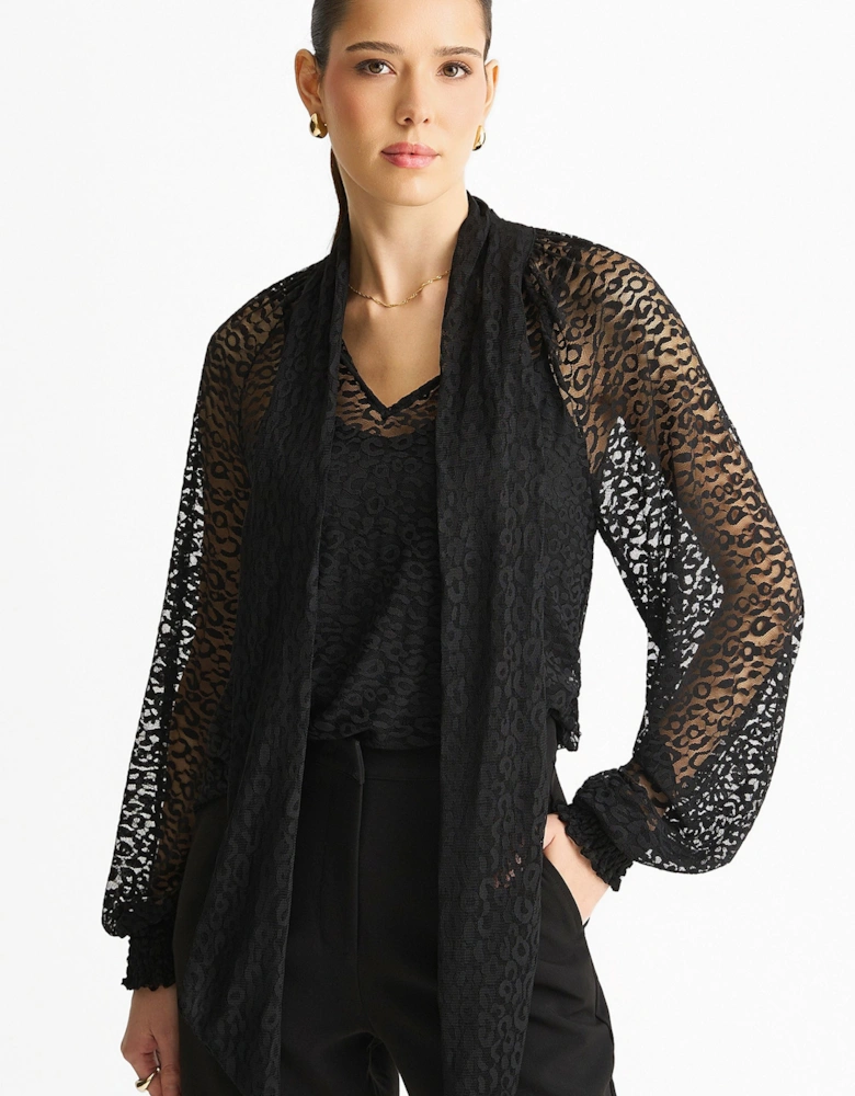 Black Animal Lace Neck Tie Detail Blouse