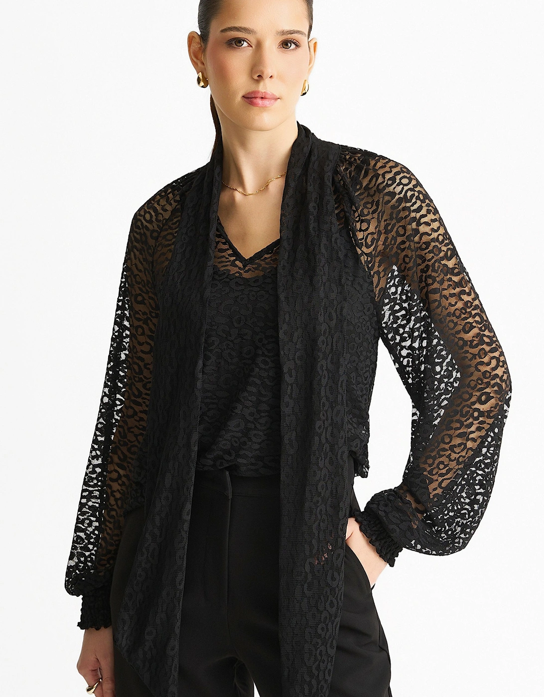 Black Animal Lace Neck Tie Detail Blouse, 2 of 1