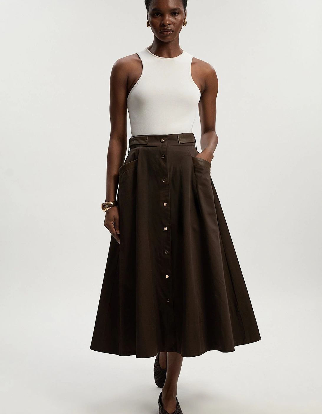 Tall Cotton & Faux Leather Tab Full Maxi Skirt, 2 of 1