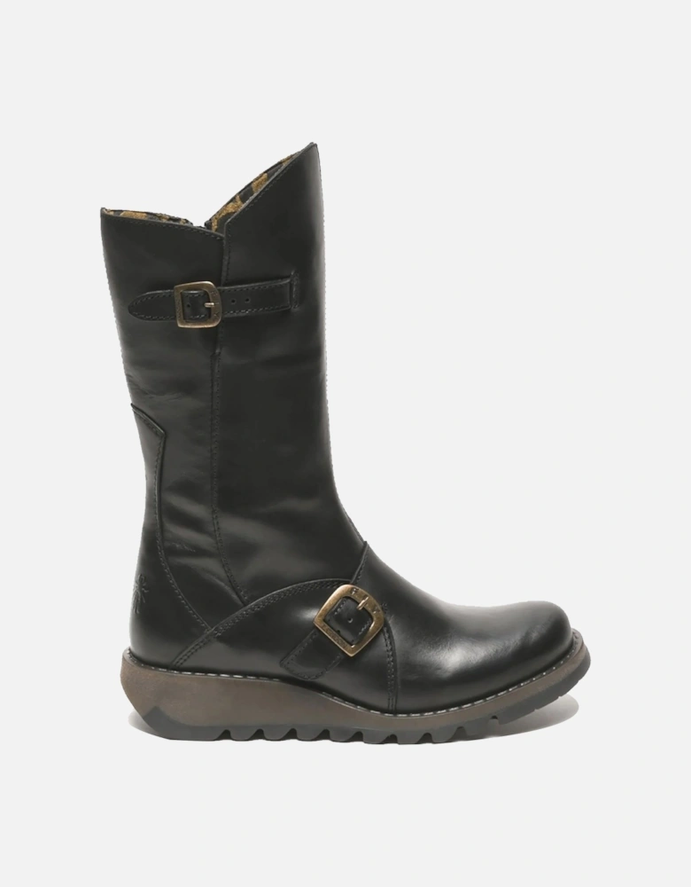 MES 2 Wedge Heel Buckle Mid-Calf Leather Zip Platform Boots