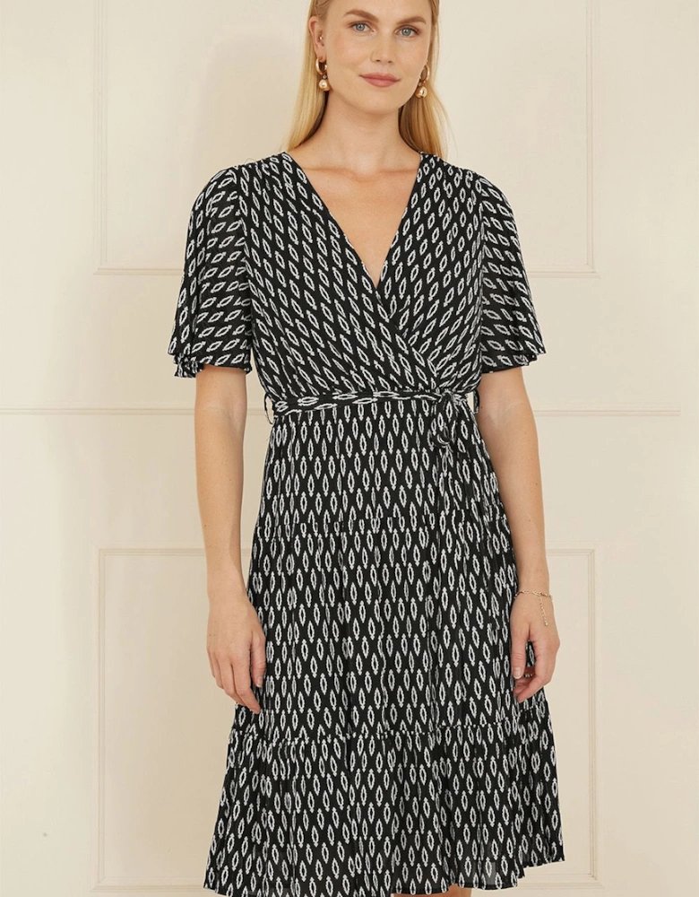 Black Geo Print Mesh Stretch Midi Skater Dress