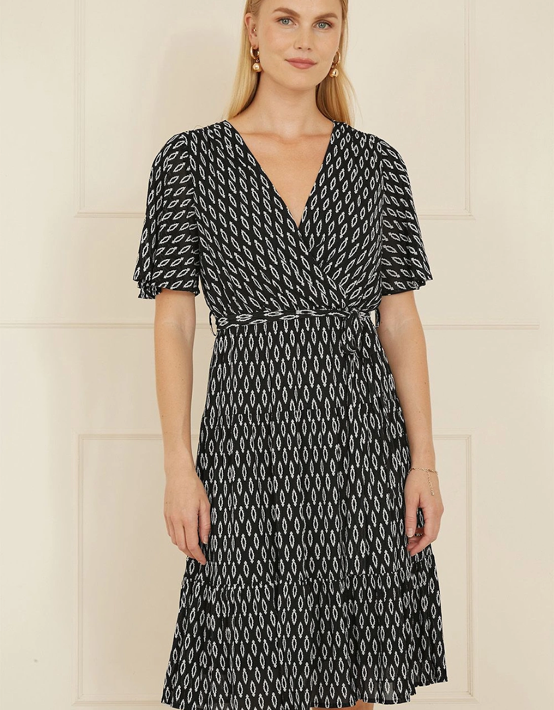 Black Geo Print Mesh Stretch Midi Skater Dress, 2 of 1