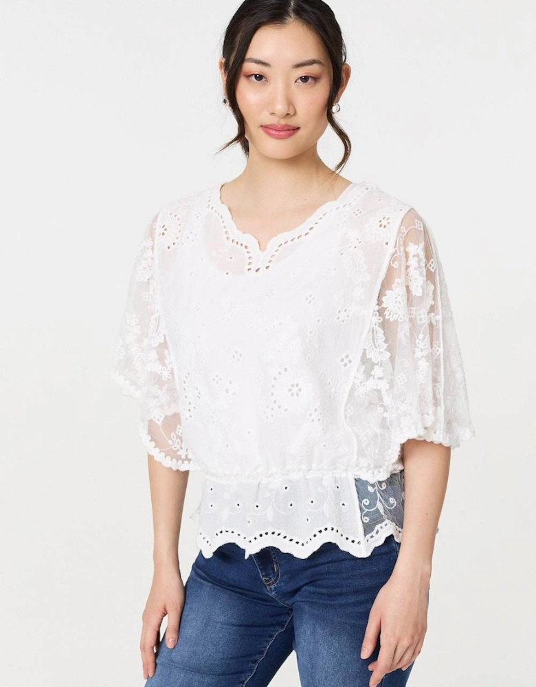 Broderie Anglaise Semi Sheer Peplum Top