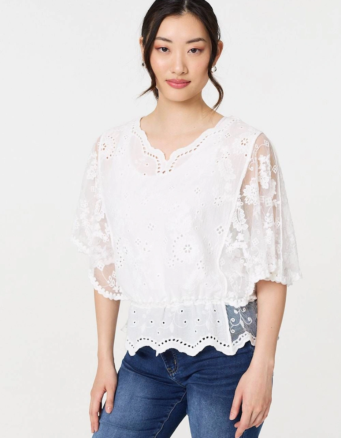 Broderie Anglaise Semi Sheer Peplum Top, 2 of 1