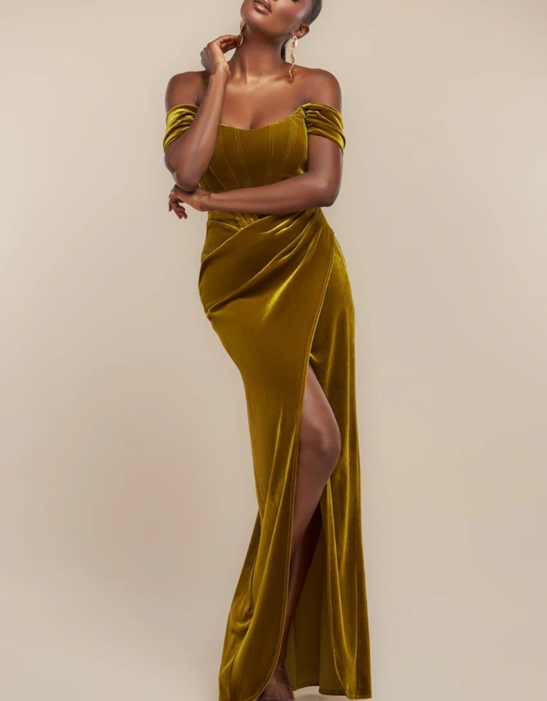 Draped Shoulder Velvet Corset Maxi Dress