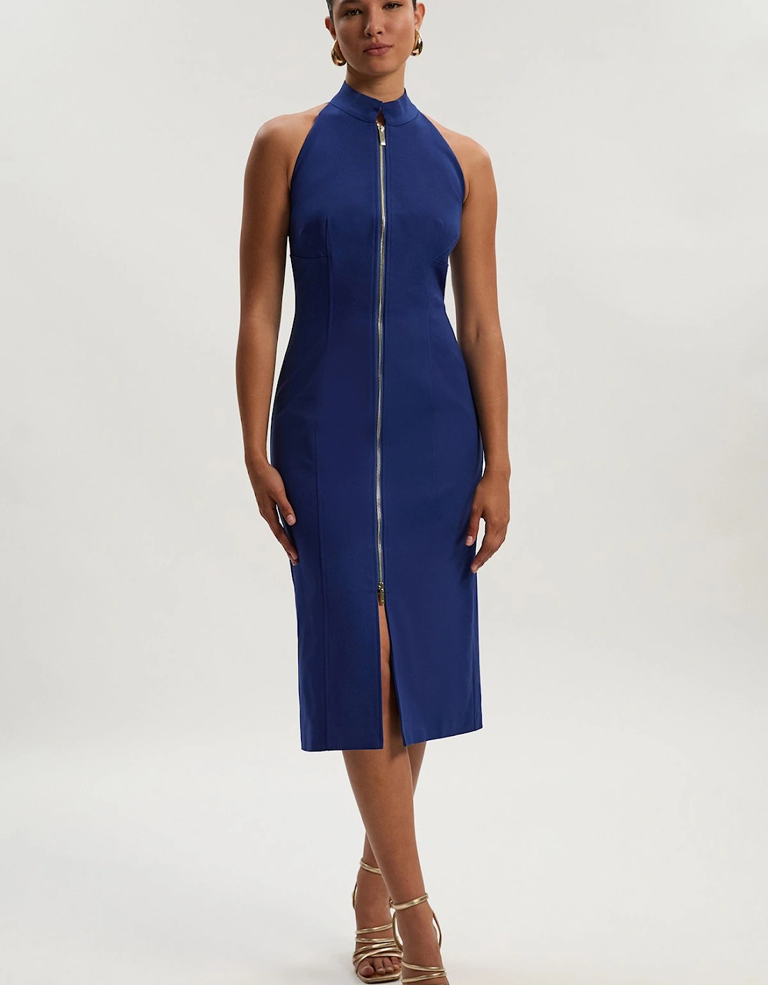 Petite Techno Cotton Halter Neck Zip Detail Woven Midi Dress, 2 of 1