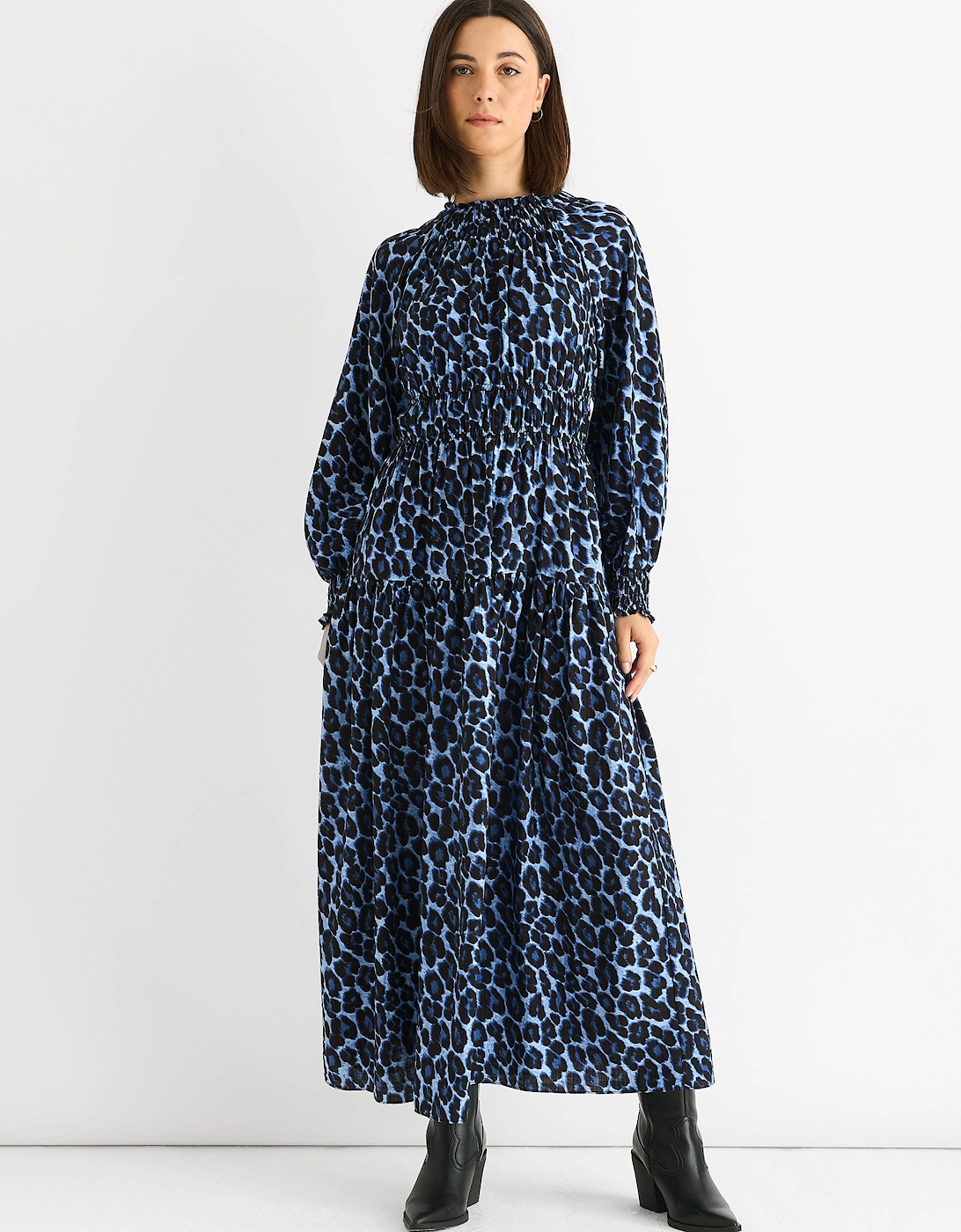 Blue Animal Print Shirred High Neck Maxi Dress, 2 of 1