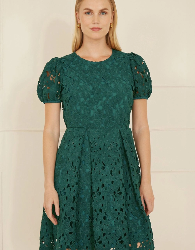 Green Lace Skater Dress With Puff Sleeves