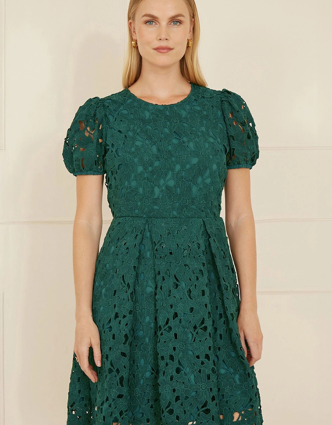 Green Lace Skater Dress With Puff Sleeves, 2 of 1