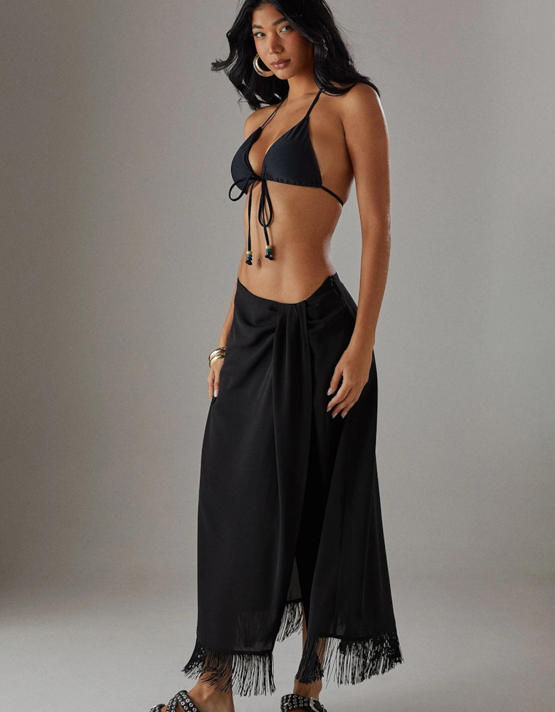 Knot Front Tassel Hem Midi Skirt