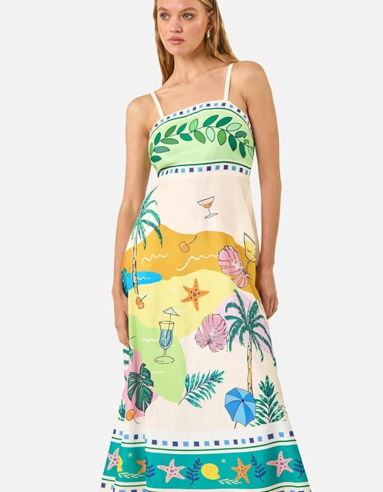 Beach Print Strappy Midi Dress