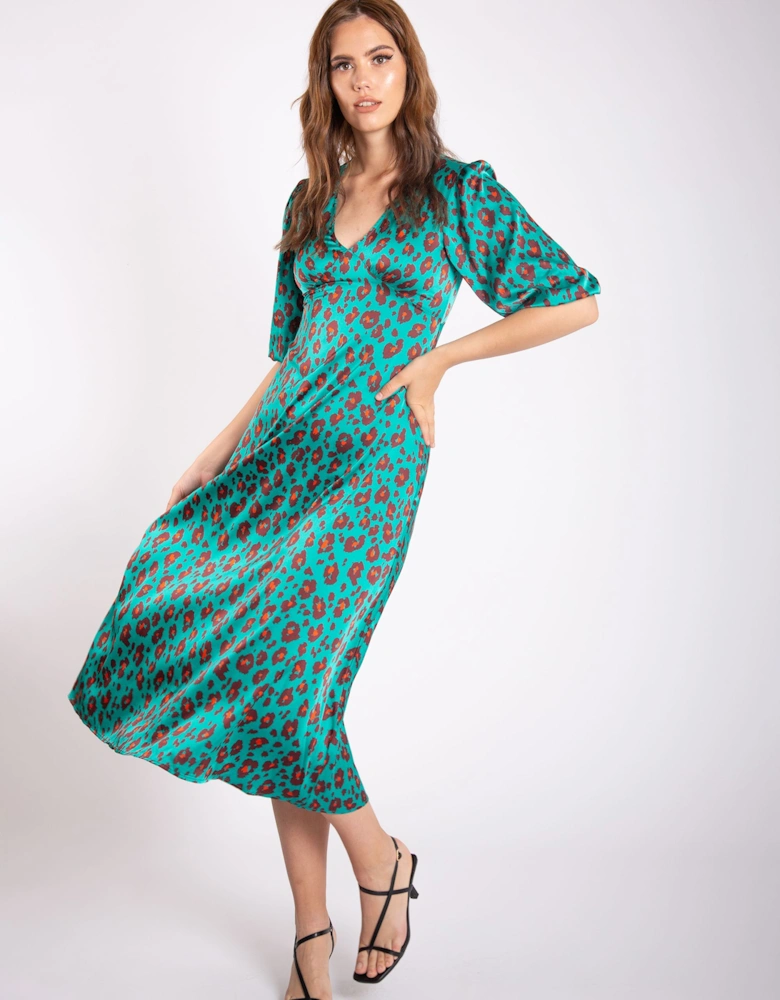 Green Animal Print V Neck Shift Midi Dress