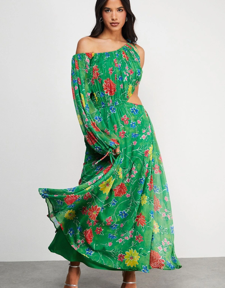 Chiffon One Shoulder Balloon Sleeve Cut Out Midi Dress