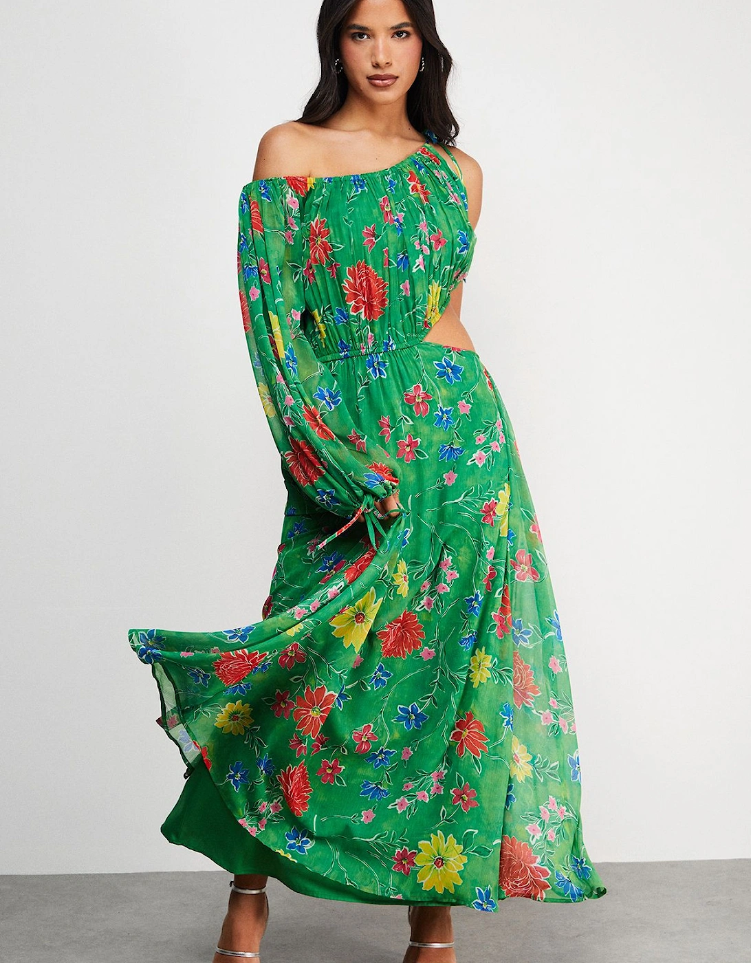 Chiffon One Shoulder Balloon Sleeve Cut Out Midi Dress, 2 of 1