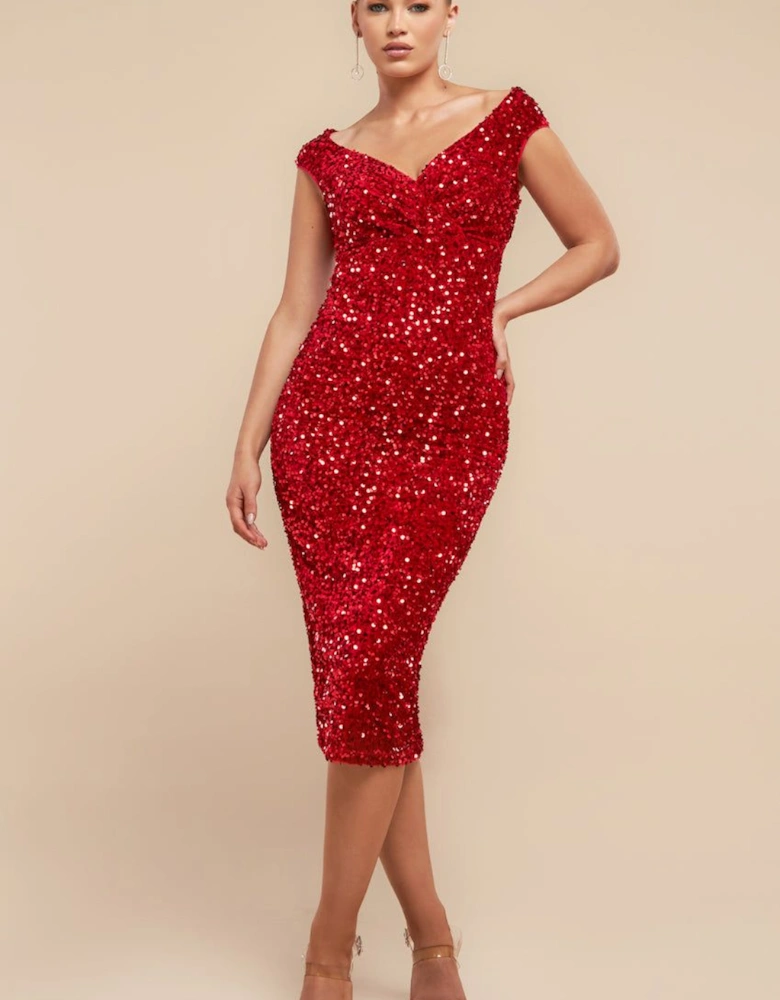 Multi Sequin & Velvet Bardot Midi