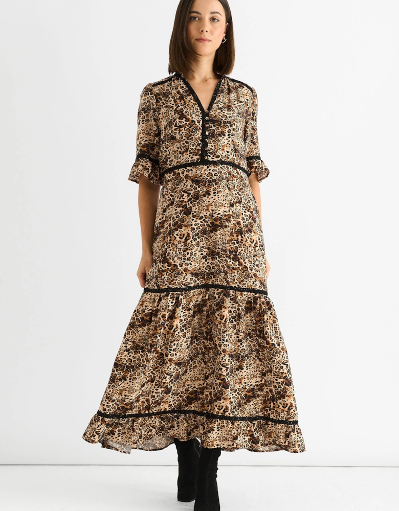 Brown Animal Print Lace Trim Tiered Midi Dress