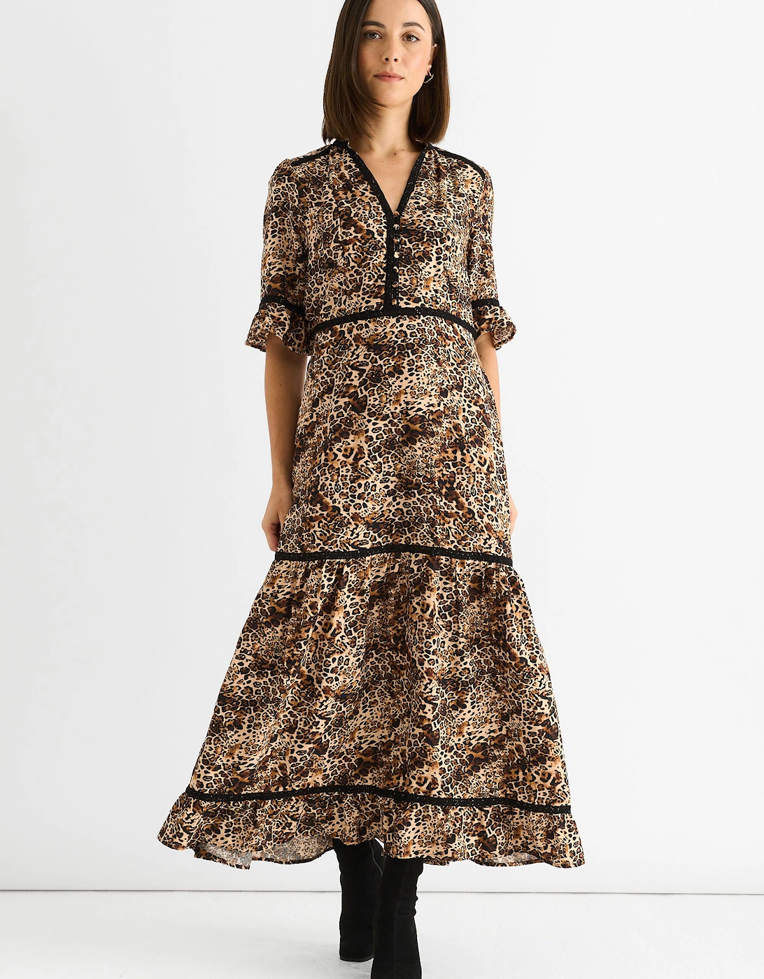 Brown Animal Print Lace Trim Tiered Midi Dress, 2 of 1